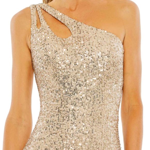 MAC DUGGAL 42029 SEQUINED STRAPPY ONE SHOULDER COLUMN GOLD GOWN sz 2 - Picture 3 of 5